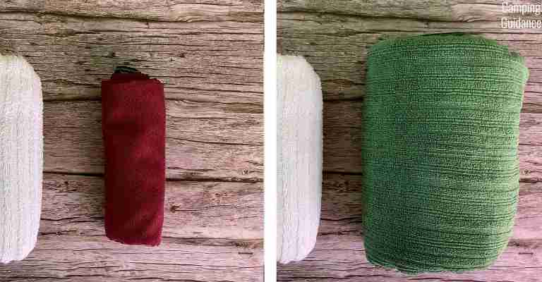 The Matador NanoDry towel (left) is much thinner than the PackTowl Luxe (right).