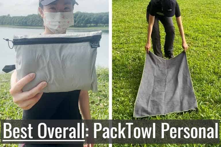 PackTowl Personal towel in storage pouch (left), and PackTowl Personal towel unfolded (right).
