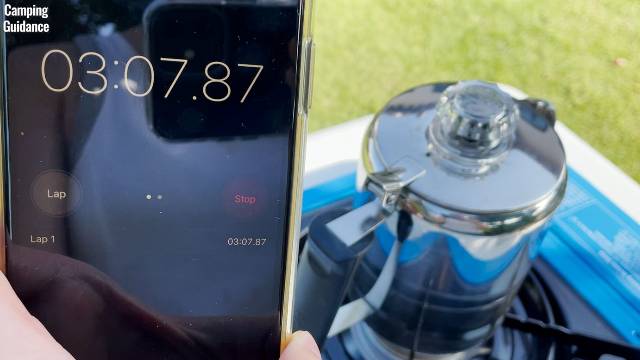 Timing how long it takes for water to boil in the GSI Outdoors Glacier 3-Cup Percolator.