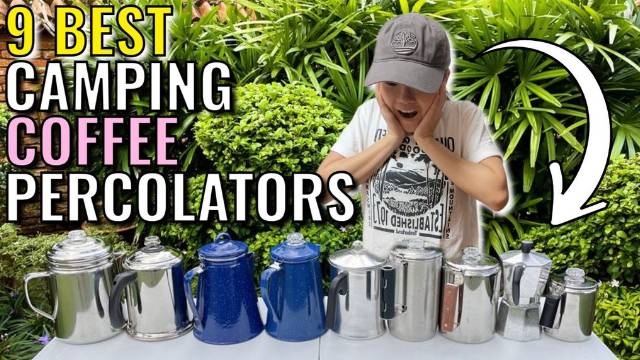 The 9 best camping percolators from left to right: Coleman 12-Cup Stainless Steel Percolator, Farberware Yosemite 8-Cup Percolator, Stansport Enamel 8-Cup Percolator, GSI Outdoors 8-Cup Enamelware Percolator, Primula Today 9-Cup Aluminum Percolator, Stanley Camp 6-Cup Percolator, Coletti Bozeman 9-Cup Camping Percolator, Bialetti 6-Cup Moka Express, and the GSI Outdoors Glacier 3-Cup Percolator.