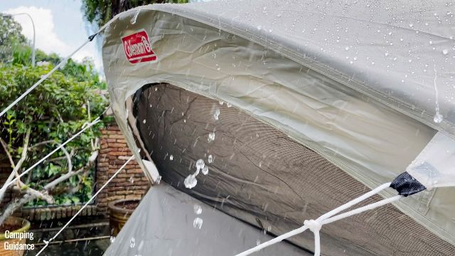 This is a picture of the rain avoiding the angled windows of the Coleman WeatherMaster 10-Person Tent.