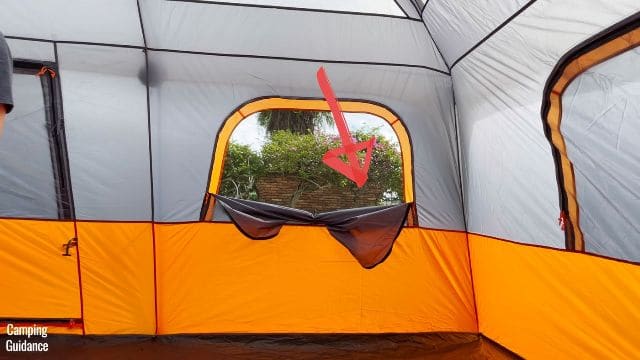 Tis is a picture of one of my Core 10-Person Straight Wall Cabin Tent's window fabric being tied up.