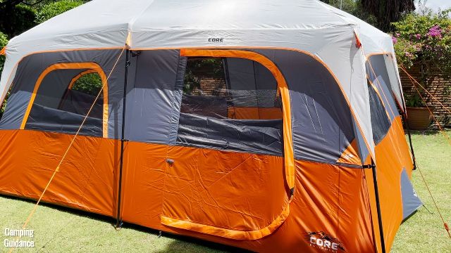 This is a picture showing the mesh panels of the doors and windows of the Core 10-Person Straight Wall Cabin Tent (picture taken from the outside of the tent).