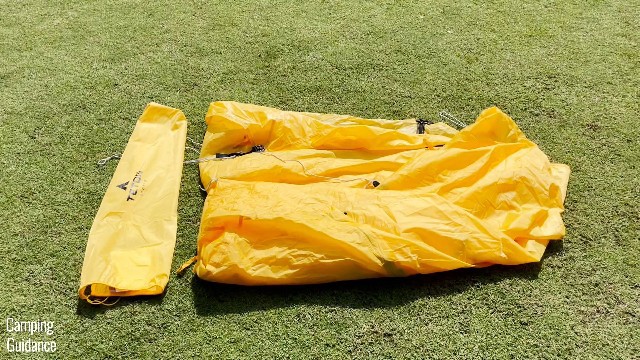 This is a picture of my Teton Sports 1-Person Vista Quick Tent's carry bag (left), and a partially folded rainfly (right).