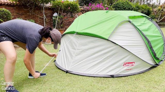 Each side of the Coleman 4-Person Pop Up Tent has 3 stake loops for staking down the tent body, and 1 guyline for guying out the tent.