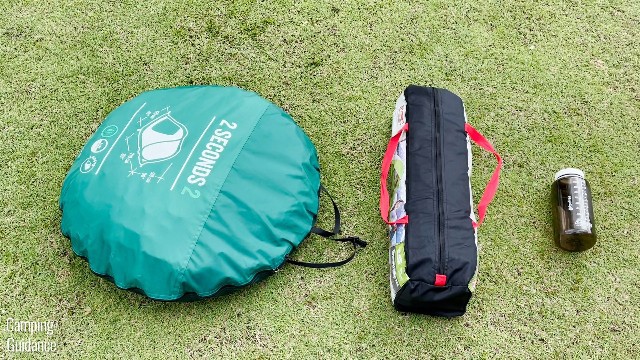 This is what a Quechua 2 seconds Pop Up Tent (left) looks like beside a Coleman 2-Person Sundome Tent (middle) and a 32-ounce Nalgene bottle (right).