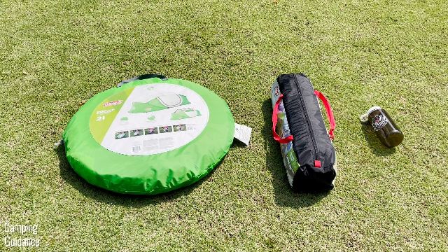 This is what the Coleman 2-Person Pop Up Tent (left) looks like beside a 2-Person Sundome Tent (center) and a 32-ounce Nalgene bottle (right).
