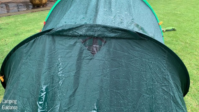 I accidentally left the rear vent of the Quechua 2 Seconds Pop Up Tent open during one of my rain tests, but surprisingly, no water got into the tent.