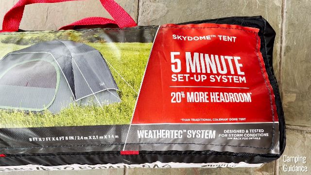 The carry bag of the Coleman Skydome Tent features a ‘5-minute set up’ and ‘20% more headroom’.