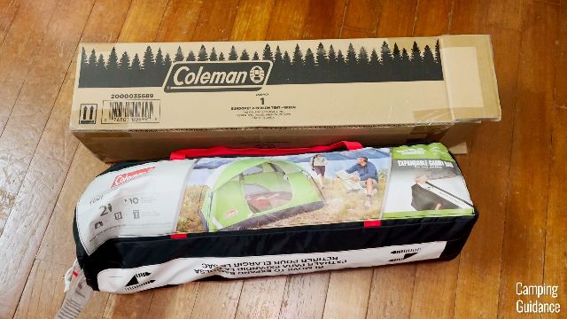 Top: Cardboard packaging of the Coleman Sundome 2-Person Tent.
Bottom: A packed-up Coleman Sundome 2-Person Tent.