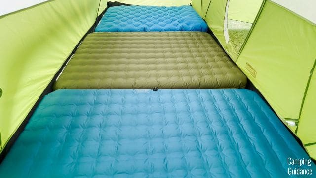 This is what 3 almost queen-sized mattresses look like inside the Coleman Montana 8-Person Tent. From top to bottom: Sierra Designs Couple Camping Mattress, Lightspeed Outdoors Double Mattress, Alps Mountaineering Vertex Airbed Queen.