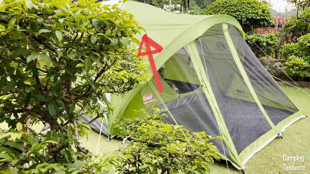 Here’s how much the rainfly of the Coleman Evanston 6-Person Tent protects the screen room. The red arrow is pointing to the rainfly. Notice that the screen room juts out quite a bit, and is exposed to the elements.