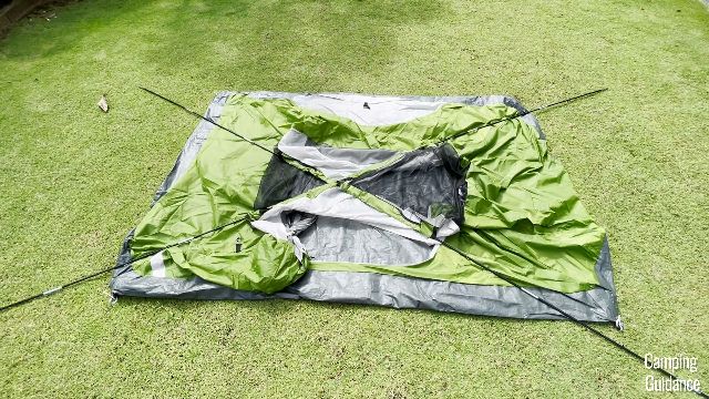 This is what the Coleman Sundome 2-Person Tent will look like when both poles have been inserted into the pole sleeves.