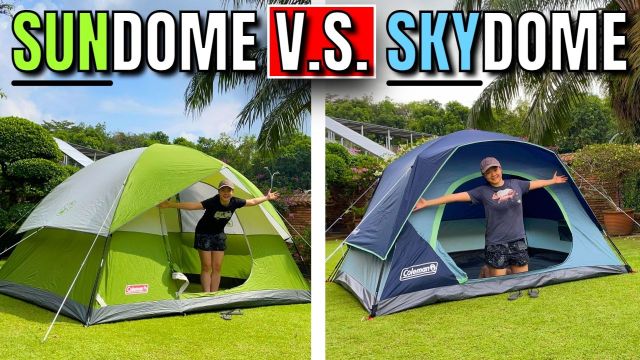 This is a picture of me inside the Coleman Sundome Tent (left) and the Coleman Skydome Tent (right).