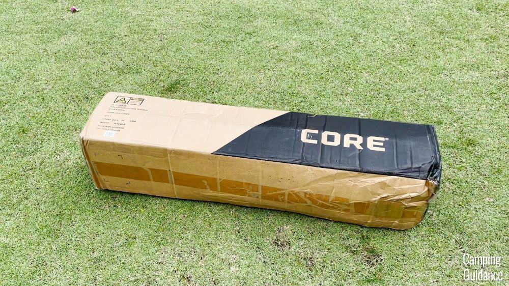 The outer packaging of the Core 9-Person Instant Cabin Tent before unboxing.