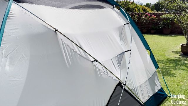 A close-up of the 4 mountaineering-inspired tent poles of the REI Base Camp 6.