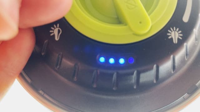 The battery indicator lights of the Goal Zero Lighthouse Core lantern