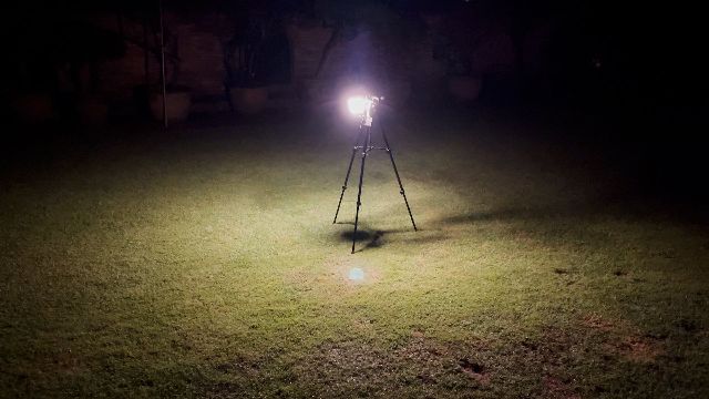 The Goal Zero Lighthouse Core lantern in the author's yard.