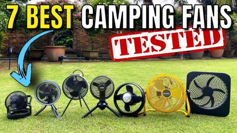 The 7 best camping fans that the author bought and tested. From left to right: Odoland fan, Nitecore NEF10, Claymore V600+, Coleman OneSource, Coleman CPX 6, Geek Aire, O2Cool Treva.