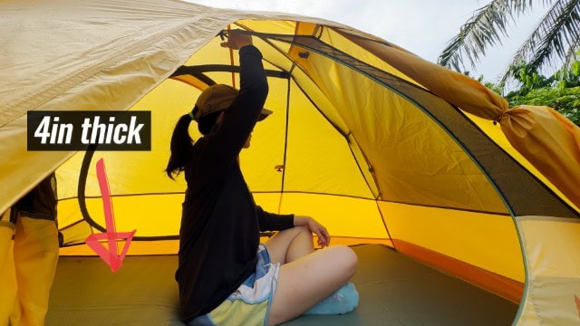 The author is sitting under the peak height of the REI Trailmade 2.